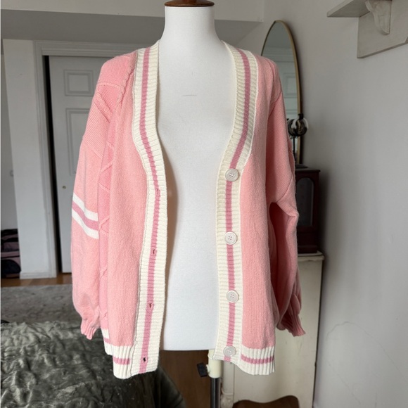 Sweaters - Pink and White Women's Cardigan Sweater